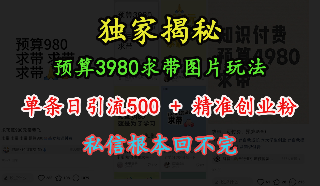 “小红书”预算3980求带 图片玩法，单条日引流500+精准创业粉，私信根本回不完六月网创-网创项目资源站-副业项目-创业项目-搞钱项目六月网创