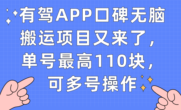 有驾APP口碑无脑搬运项目又来了,单号最高110块,可多号操作六月网创-网创项目资源站-副业项目-创业项目-搞钱项目六月网创