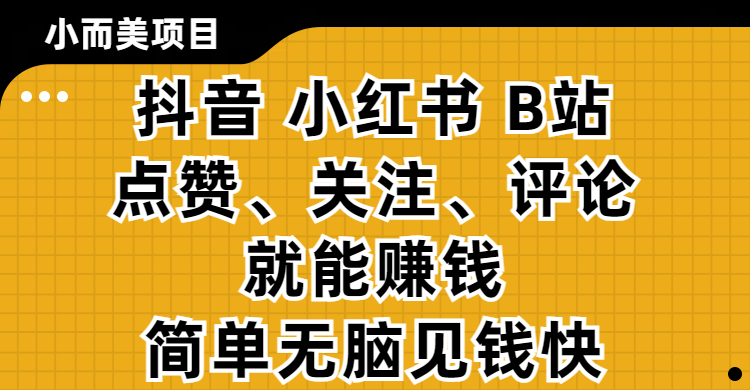 小而美的项目，抖音、小红书、B站视频点赞、关注、评论就能赚钱，简单无脑立见收益！妥妥的零撸项目六月网创-网创项目资源站-副业项目-创业项目-搞钱项目六月网创