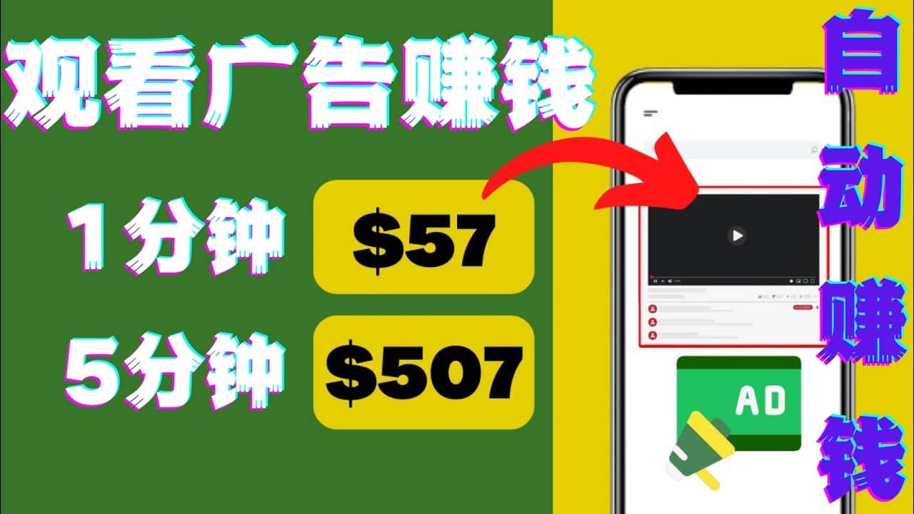 观看视频广告，只需要点击广告，每5分钟赚57美元六月网创-网创项目资源站-副业项目-创业项目-搞钱项目六月网创