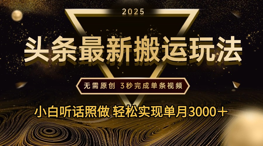 2025年今日头条最新搬运玩法，无需原创3秒完成视频轻松实现单月3000＋六月网创-网创项目资源站-副业项目-创业项目-搞钱项目六月网创