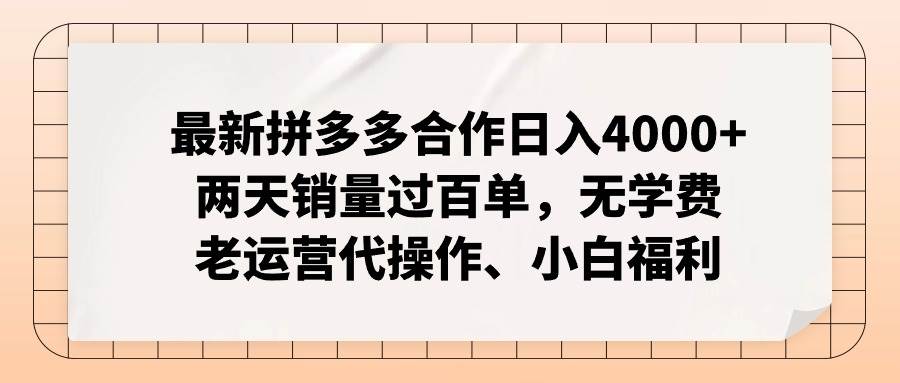 最新拼多多合作日入4000+两天销量过百单,无学费、老运营代操作、小白福利六月网创-网创项目资源站-副业项目-创业项目-搞钱项目六月网创